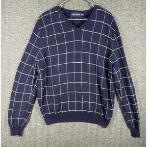 Polo Golf Ralph Lauren Sweater Checkered Mens 2XL Navy Blue V-Neck Cotton